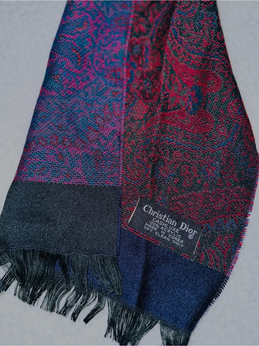 Vintage Christian Dior Navy Blue & Burgundy Jacquard Scarf